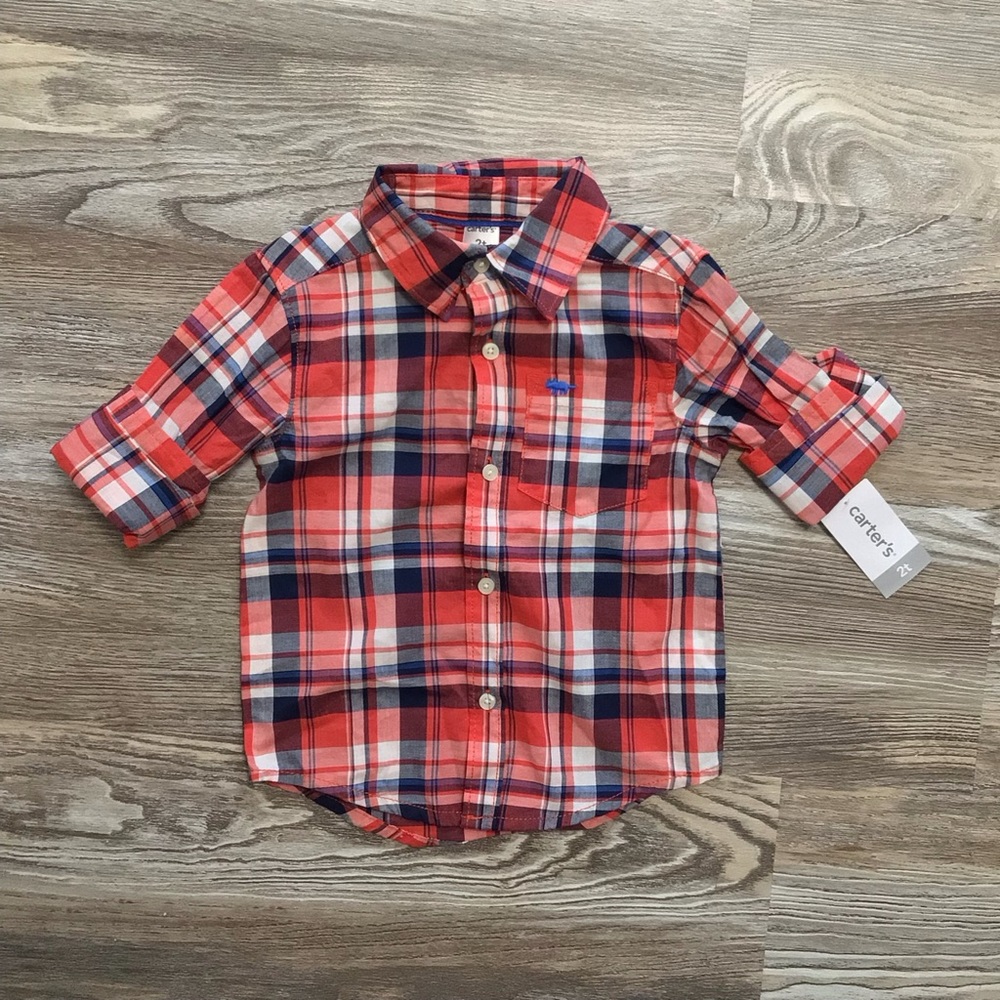Carter’s Red and Blue Plaid Long Sleeve Casual Button Up Shirt 2T NWT